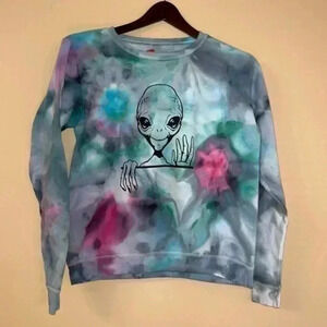 Tie-Dyed Sweatshirt Alien Handmade Ice Dyed Size S